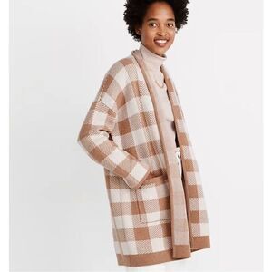 Madewell Minetta Sweater Coat Cardigan XS Open Front Buffalo check Cream Tan Poc